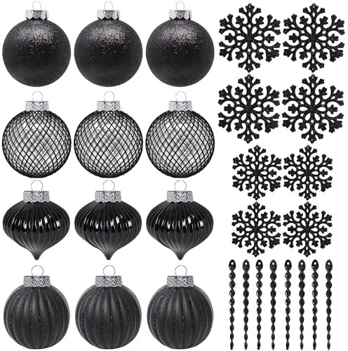 SLEETLY 28pk Bauble Black Ornaments for Christmas Tree Holiday Xmas Decorations, Shatterproof Plastic 3.15 Baubles, Icicles and Snowflakes
