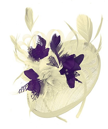 Caprilite Cream Ivory and Dark Purple Sinamay Disc Saucer Fascinator Hat for Women Weddings Headband