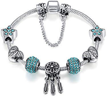Presentski Armband Charm 925 Silber überzogene Blau Blumen Silber für Mädchen