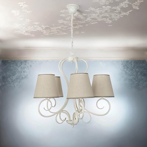 Licht-Erlebnisse Kronleuchter Metall Stoff Weiß Beige Wohnzimmer Esstisch B:55 cm E27 Landhaus Rustikal blendarm 5-flammig Hängelampe Esszimmer PURAHT