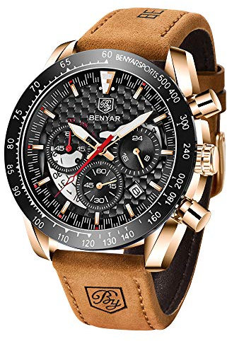 BY BENYAR Herren-Armbanduhr, wasserdicht, Chronograph, beleuchtet, klassisch, Lederarmband, großes Zifferblatt, Datum, Analog, Herren, Elegantes Geschenk