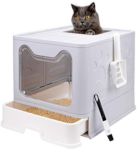 Litière pliable pour chat avec couvercle pot pour chat fermé entrée par le haut toilettes antiéclaboussures facile à nettoyer y compris pelle à litière pour chat et brosse de nettoyage 21 (gris)