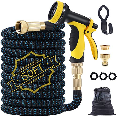 Tuyau d'arrosage extensible de 15,2 m avec raccords en laiton massif de 1,27 cm et 1,9 cm, pistolet pulvérisateur à 10 fonctions, triple noyau en latex, anti-nœud, tuyau extensible anti-fuite