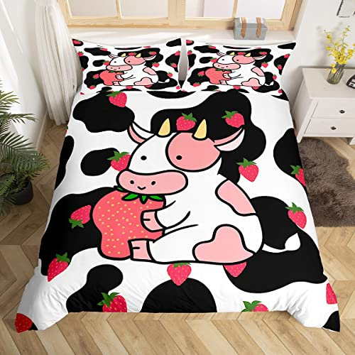 Milkshakes Kuh Schmusetuch 155 x 220 cm, rosa süßes Rind und Erdbeerfrucht-Druck Bettbezug-Set mit 1 Kissenbezügen, Milchkuhhaut-Pelzmuster Kawaii Girly Style Bettwäsche-Set für Jungen und Teenager