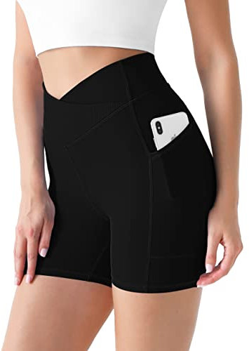 Desol Radlerhose Damen mit Taschen V Cross High Waist Shorts Bauch Kontrolle Kurze Sporthose Damen Sport Shorts für Yoga Laufen