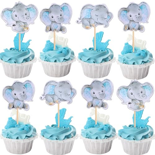 36 Stück Baby Elefant Cupcake Topper It's a Girl Elefanten Tortendeko Geburtstag Kuchendekoration für Elefanten Thema Geburtstag Gender Reveal Baby Shower Party Dekoendeko Blau