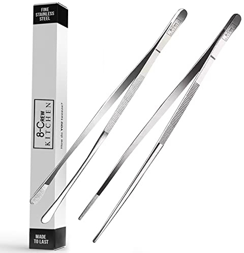 8-CREW KITCHEN Cooking Tweezers - 12 inch 304 Stainless Steel Set of 2 - Culinary Chef Tweezers for Multi-Purpose, Plating, Food Decorating & Bar