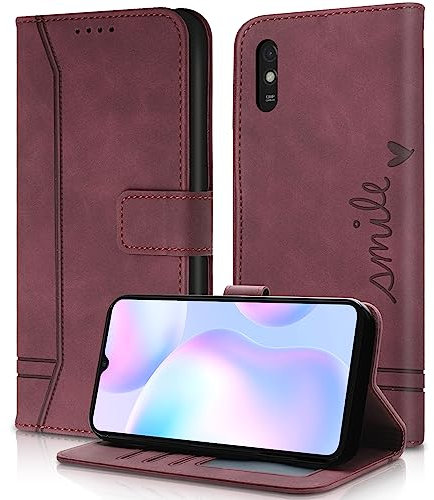 AsWant Handyhülle für Xiaomi Redmi 9A Hülle - Premium Leder Klapphülle Xiaomi Redmi 9A Kartensteckplatz Magnetschnallenhalter Schutzhülle für Redmi 9A / Redmi 9AT (Rot)