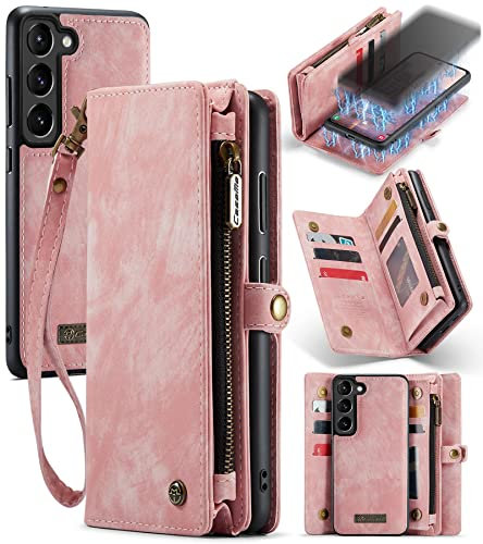 UFinetech Coque Samsung Galaxy S23+, Antichoc Fentes Carte Magnétique Détachable Portefeuille Housse Etui Samsung S23 Plus, Flip TPU Bumper Cuir Fermeture Lanière Anti-Rayures Protecteur Case, Rose