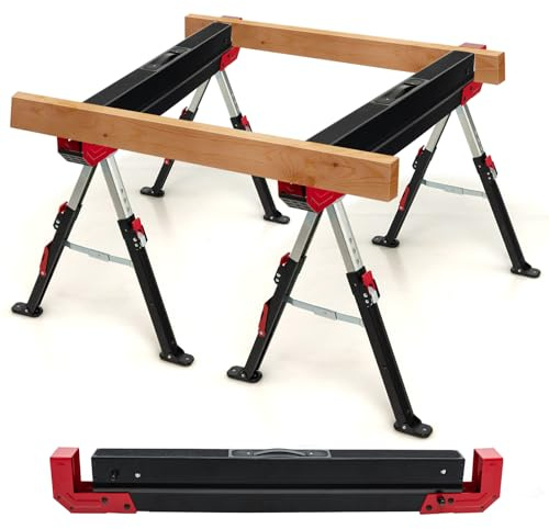GYMAX Lot de 2 Tréteaux Pliable en Métal, Charge Max 1180kg, Hauteur Réglable 62-83cm, Chevalet de Sciage avec Bras Chevilles de Support de Bois (Rouge)