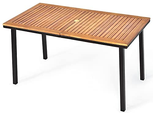 COSTWAY Gartentisch Terrassentisch 140x75x76cm, Holztisch Akazienholz mit Schirmloch, Esstisch Rechteckig Metallrahmen für 6-8 Personen, Braun