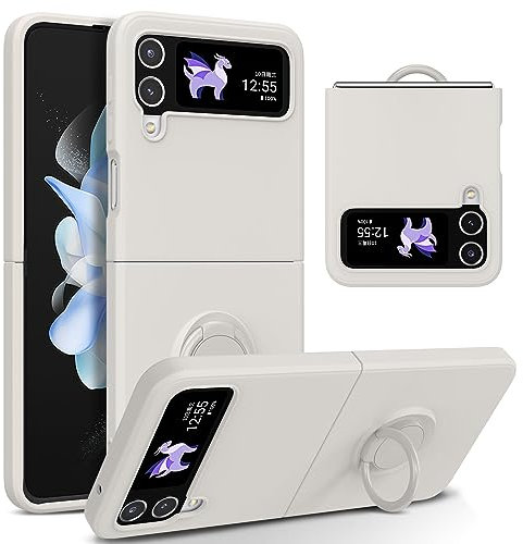 UEEBAI Silicone Case with Ring for Samsung Galaxy Z Flip 4 5G, Lightweight Foldable Slim Case Shock Absorption Slim Cover with Ring 360 Degree Rotation Stand Protective Cove - White