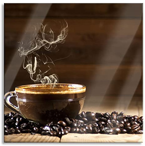 Pixxprint Glasbild, Wandbild auf Echtglas, Kaffee zwischen Kaffeebohnen, 40x40 cm, inkl. Aufhängung und Abstandshalter