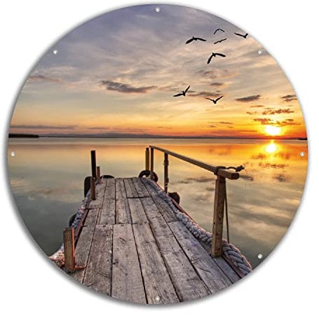 Wallario rundes Outdoor-Poster für Garten oder Balkon Sonnenuntergang über dem See idyllischer Steg, Motivbanner 60 cm Durchmesser