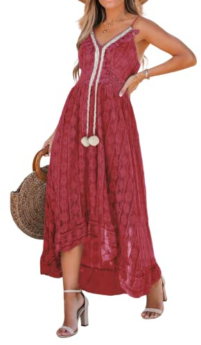CUPSHE Robe d'été pour Femme Boho Maxi à Lacets avec Pompon col en V évasé à Volants Robes de Plage Vin XS
