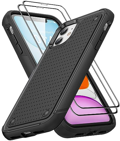 Jeylly for iPhone 11 Case 6.1-inch, with 2 Pack Tempered Glass Screen Protector, Dual Layer Soft TPU Hard PC Back Cover, Shockproof Anti Scratch Bumper Phone Case for iPhone 11, Black