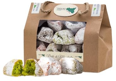 Paste di Mandorla Siciliane Artigianali, Borsetta regalo in Cartone, confezionate in monoporzione gusti assortiti, dolci Siciliani alle mandorle, senza glutine, 200g
