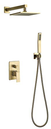 Duscharmatur, goldfarben, massives Messing, gebürstet, Gold, Rianfall, Duscharmatur, Duscharmatur, Mischbatterie, Duschsystem, 8-10 Zoll mit Duschkopf und Schlauch