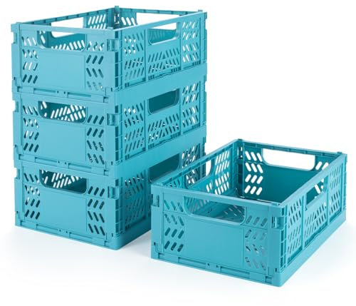 Esilihom 4 Pack Plastic Crate with Handle, Folding Crate Boxes Organizer for Shelf, Stacking Collapsible Closet Container for Home Office Kitchen