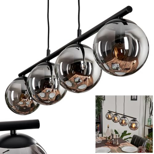 Lámpara colgante Gastor, lámpara colgante de metal y cristal en color negro/ahumado, lámpara de diseño vintage/retro con pantallas de cristal (Ø 15 cm), altura máx. 108 cm, 4 x E14, sin bombilla