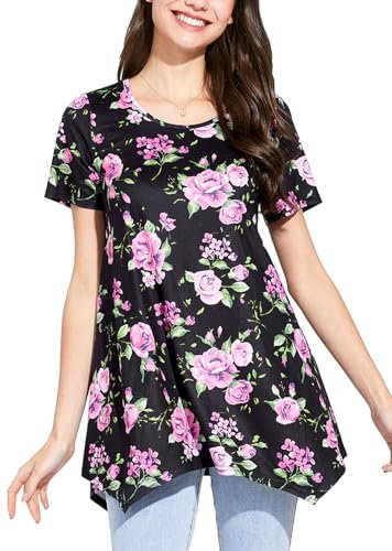 Enmain Magliette Tunica Donna Maniche Corta Estiva Maglia Lunga Taglie Forti Ampia Casual Blusa Camicia Floreale Scollo Tondo Elegante Nero e Rosa 3XL
