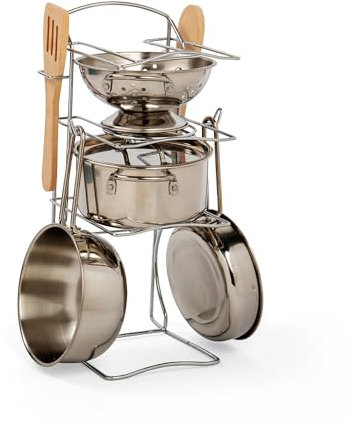 Bigjigs Toys Cooking Pot Rack - 8 Piece Stainless Steel Kitchen Set with Wooden Spoons & Stand, Food Play Accessories, Toddler Gifts, Age 2+ Years