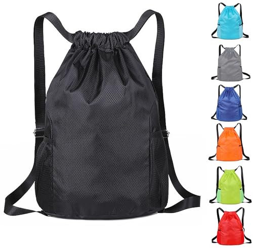 KANGSIT Drawstring Bags, Unisex Gym Sack, Swim PE Bags Drawstring Gym Bag for Kids Adults String Swimming Sports Bag for School Sports Swimming Gym Travel (Black)