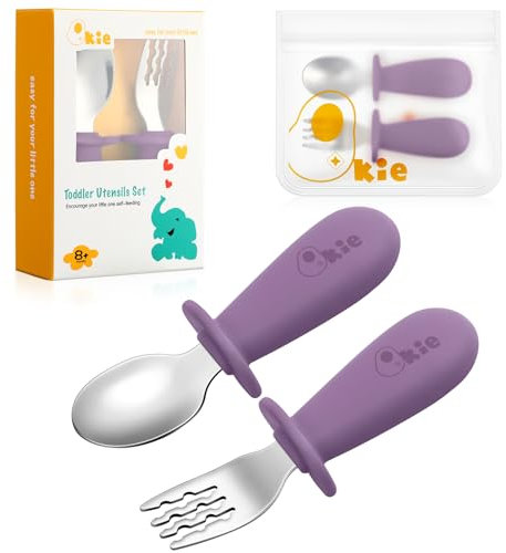 Qkie Couverts pour enfant - Avec sac de rangement - En acier inoxydable - Fourchette pour bébé - Avec poignées en silicone - Couverts d'apprentissage pour bébé - 10 mois + (rose poussière)