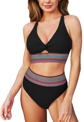 CUPSHE Damen Bikini Set V Ausschnitt Twisted High Waist Sport Bikini Bademode Farbige Wellenmuster Zweiteiliger Badeanzug Swimsuit Schwarz L