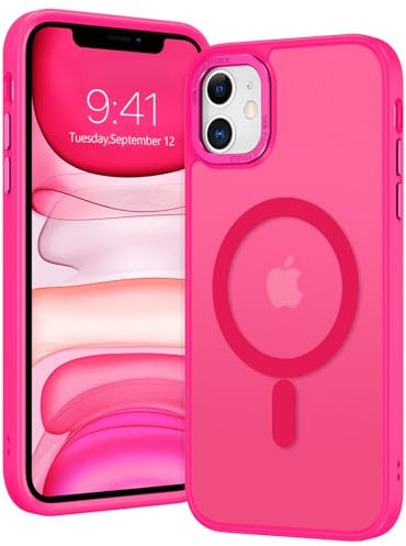 GUAGUA Coque pour iPhone 11 Compatible avec MagSafe Protection Antichoc Qualité Militaire Dos Anti Rayures Étui Housse Arrière Translucide Givrée Anti-Empreintes Digitales,6.1'' (Rose Vif)