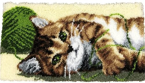 ROCKY&CHAO Knüpf-Sets mit Kissen Katze und Wolle DIY-Knüpfhaken, Teppichherstellungs-Set für Erwachsene Kinder, Kreuzstich-Set, Teppichherstellung, Heimdekoration, 50 x 38 cm