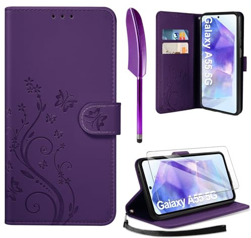 AROYI Lederhülle Kompatibel mit Samsung Galaxy A55 5G Hülle und Schutzfolie, Flip Wallet Handyhülle PU Leder Case Kartensteckplätzen Schutzhülle Kompatibel mit Samsung Galaxy A55 Dunkel Violett
