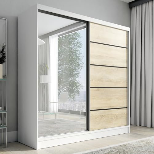 A&J MöbelLand Schwebetürenschrank mit Spiegel, 200 cm, 2 Türen, Schwarz (Weiß/Sonoma)