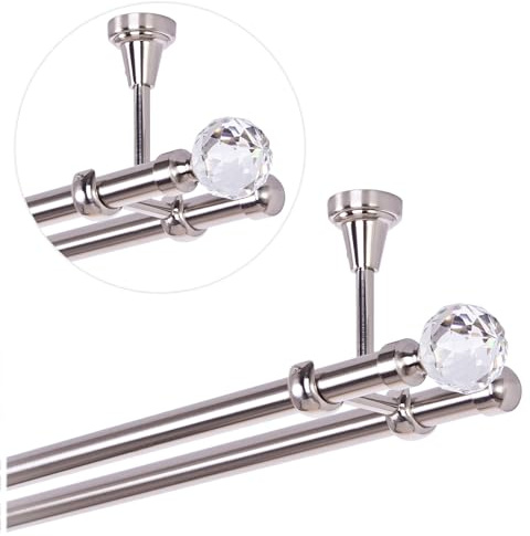 Bastone per tende da 480 cm per montaggio a soffitto, 19 mm a 2 vie, effetto acciaio inox, set di bastoni per tende con sfera di cristallo