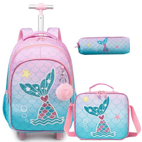 Egchescebo Kinder Rucksack mit Meerjungfrau Rollen Kinderkoffer Mädchen für Koffer Schultrolley Kindertrolley Schultasche Handgepäck Kindergepäck 17 3pcs Sätze Geeignet für Grundschüler Farbverlauf