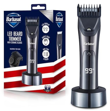 Barbasol Hair and Beard Trimmer for Men, Rechargeable Battery with Charging Base, Powerful Hypoallergenic Ceramic Blades, Dial Adjustable Hair Guard Length with 10 Settings, LED Screen