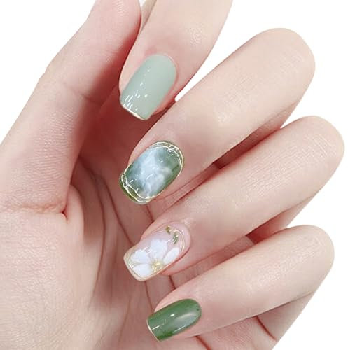 Aikeis 24 pièces été camélia presse sur feuilles d'art d'ongle court carré faux ongles presse sur motif bâton sur ongles acryliques vert mer
