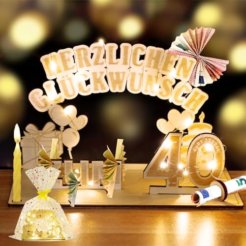 40. Geburtstag Frau Mann, Geldgeschenke Holz mit LED Lichterkette, Geschenk zum 40 Geburtstag Mann Frau, Geschenkideen zum 40 Geburtstag, Herzlichen Glückwunsch