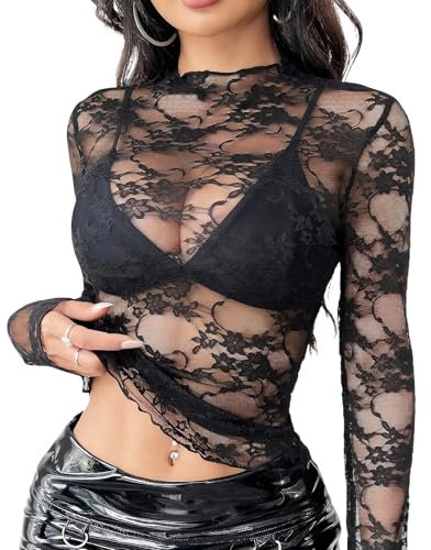 Netzoberteil Damen Spitzen Top Mesh Langarmshirt Durchsichtiges Oberteil Damen Schwarz Bow Print Rundhalsausschnitt Mesh Oberteil Langarm Damenblusen Sheer Mesh Bluse