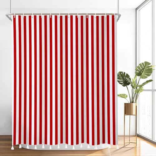 TACOKI 3D Duschvorhang 120x180 Rote und Weiße Streifen Duschvorhang Rote und Weiße Streifen Bad Vorhang Antischimmel Wasserdicht Duschvorhänge Polyester für Badezimmer Badewannen mit 8 Haken A3144