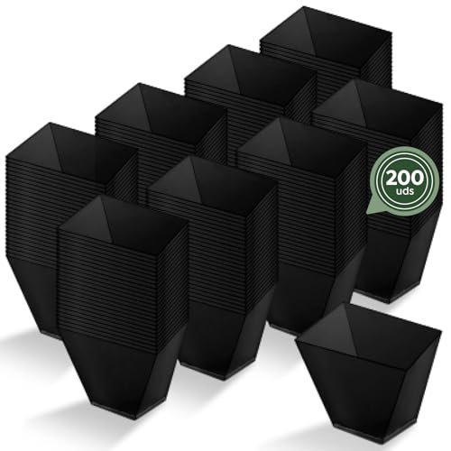 Horeca Collection - 200 Uds Bol Cuadrado Grande Asimétrico Negro 180 cc - 7,5 x 7 cm - Vasitos Aperitivos Plastico - Vasitos para Postres - Catering - Cuencos - Vasos - Finger Food