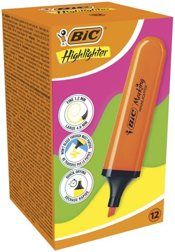 BIC Marking Flat Higlighter Textmarker, Box mit 12 orangefarbenen Textmarkern, wasserbasiert, schnell trocknende Tinte