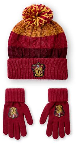 Harry Potter Ensemble bonnet et gants pour enfants | Chapeau d’hiver tricoté rouge et jaune unisexe avec écusson Gryffondor | Bonnet à pompons taille unique avec gants pour temps froid pour garçons