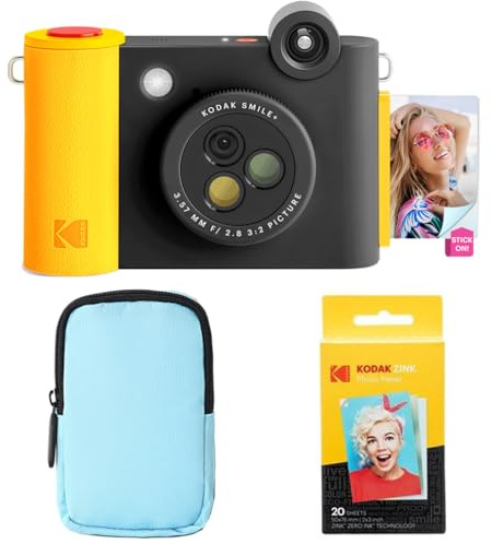KODAK Smile+ 2-in-1 Digitale Sofortbildkamera & Bluetooth Fotodrucker Starterpaket + Deluxe Tasche + Zink 20 Blatt - Schwarz