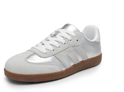 DREAM PAIRS Retro Damen-Sneaker mit veganem Obermaterial, atmungsaktivem Mesh-Futter,Size 40,Silber,DWUMFN2550