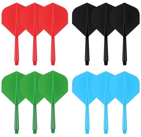 flintronic Integrierte Dart-Flüge und -Schäfte, 12 Stück Dart Flights mit Schäfte, für Dartpfeile mit 2BA Gewinde, Softdarts Darts Zubehör, Schwarz/Rot/Blau/Grün (2BA)