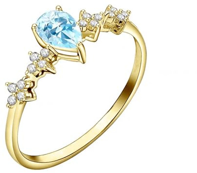 Grewod Ring für Frauen Gold 375/585 Tropfen und Blume 4x6 MM Blau Aquamarin mit Moissanit Edelstein Hochzeitsring Gr.47-62