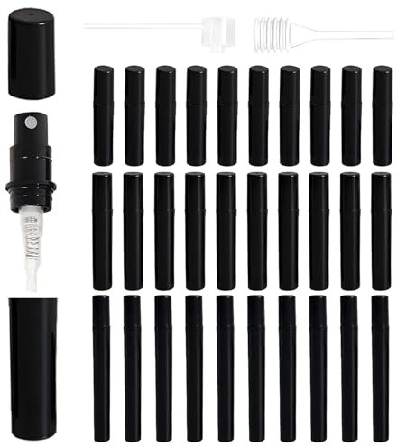 Parastar 34 PCS Plastic Spray Bottles Set,Mini Travel Spray Bottles with Spring-Loaded Dropper & Perfume Separator,2/3/5ML Refillable Small Perfume Atomiser Spray Bottle with Coloured Labels (Black)