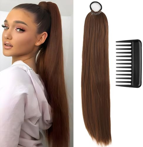 Ponytail Extension Pferdeschwanz Haarteil Zopf Extension Haarverlängerung Zopf Extensions Zopf 60cm Langes Pferdeschwanz-Haarteil mit Gummiband und Ein Schwarzer Kamm (Hellbraun).
