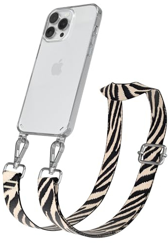 EAZY CASE Handykette - Verstellbares Taschenband kompatibel mit iPhone 14 Pro Max, Schulterriemen, Handykordel mit Silikon Hülle, Umhängetasche, Zebra - Schwarz Beige Silber